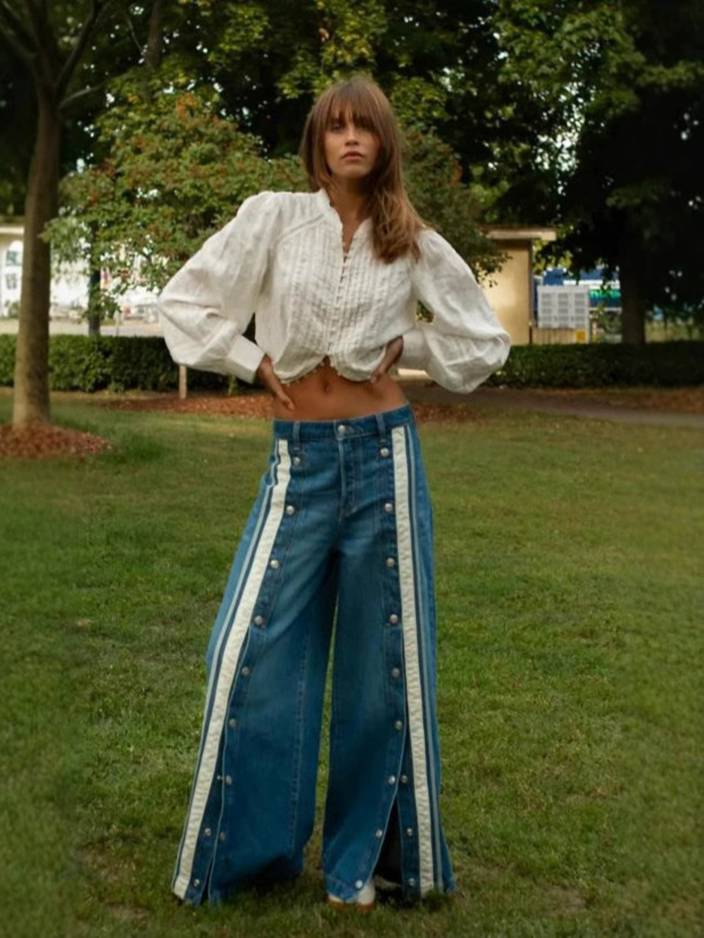 ZARA Retro Split Hem Color Block Wide Leg Floor Length Denim Jeans